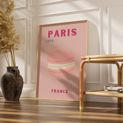 Paris France Travel Poster, French Macaron Wall Art, Retro Pink Paris Print, Kitchen Decor