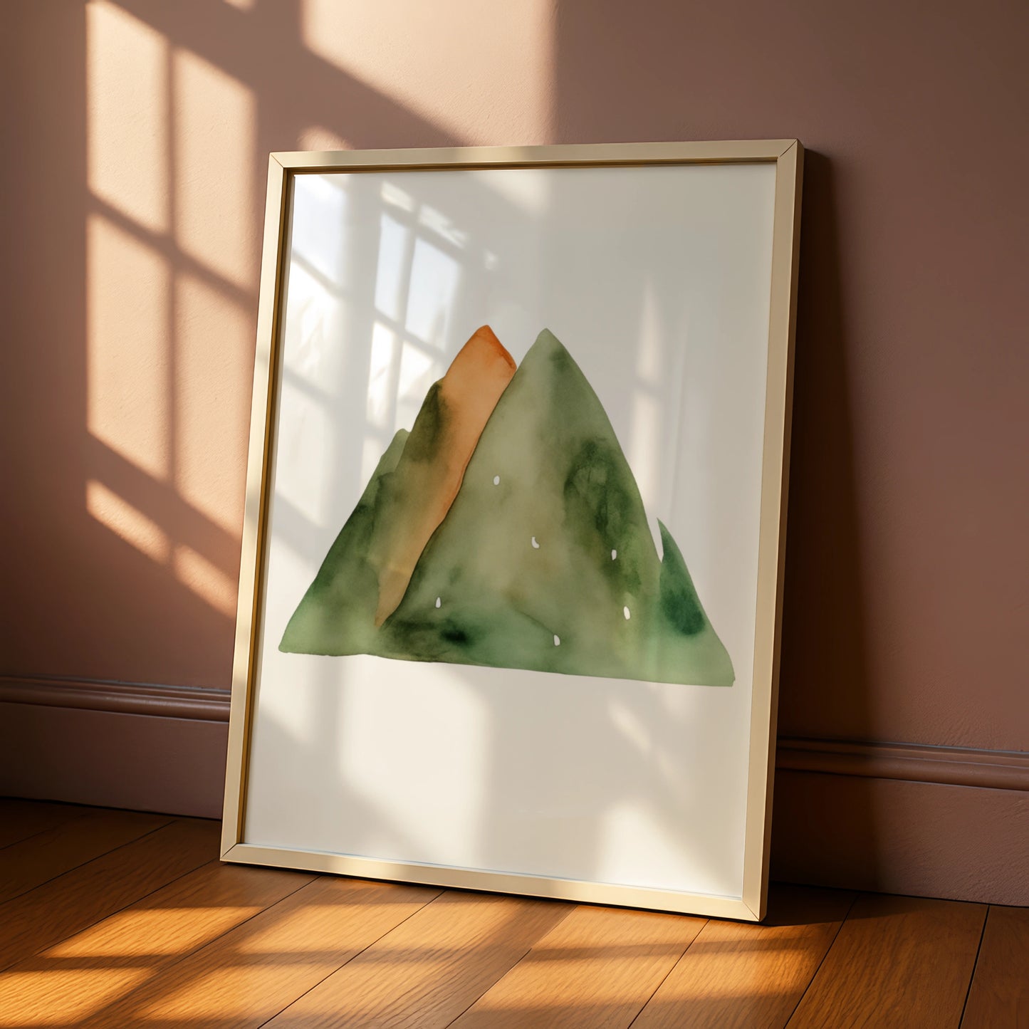 Watercolour Mountain Nursery Wall Art, Green Orange Nature Print, Kids Room Poster