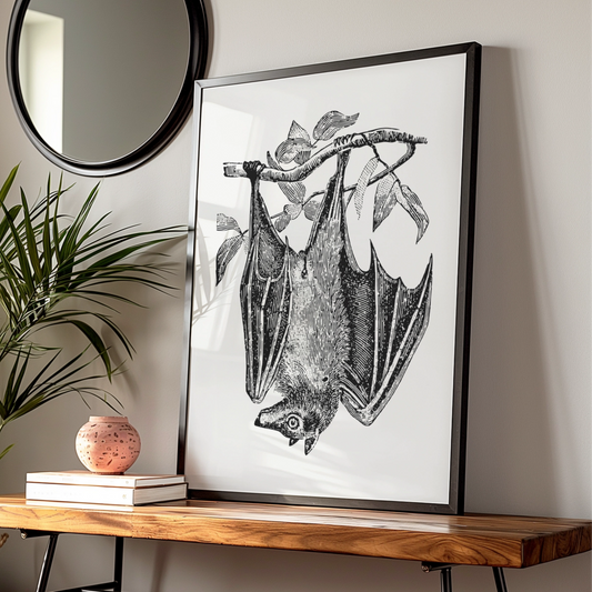 Halloween Bat Print, Vintage Engraving Wall Art, Gothic Black White Poster, Spooky Decor