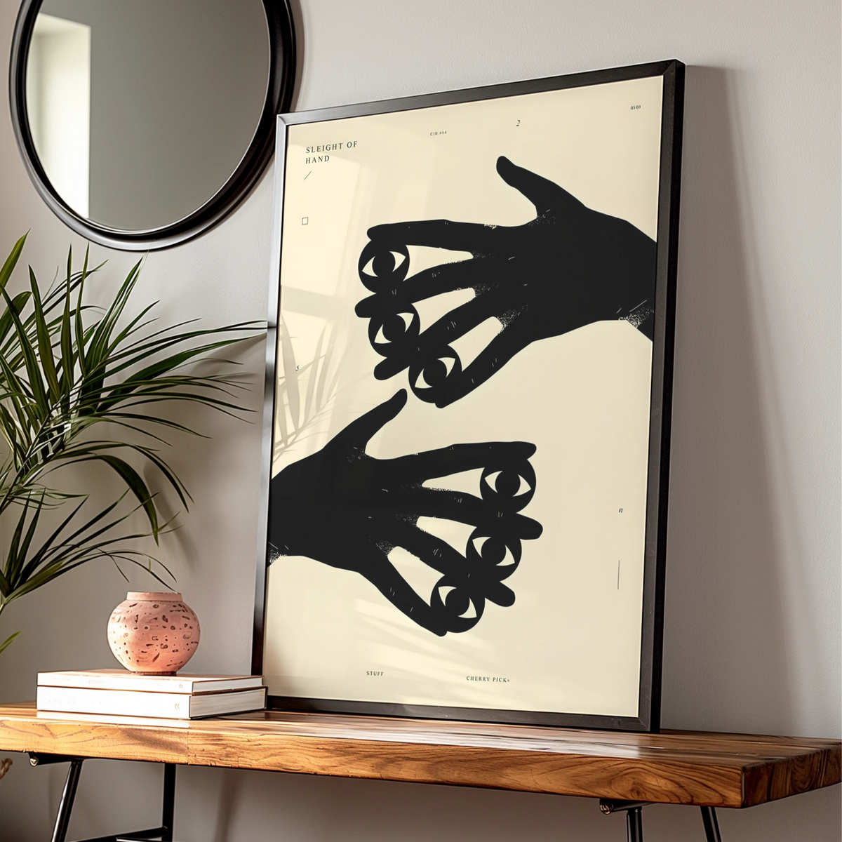 Hands With Eyes Monochrome Wall Art, Surreal Black and White Poster, Modern Minimalist Print — Digital Download