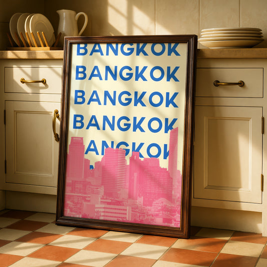 Bangkok Travel Poster, Thailand City Wall Art, Retro Skyline Print, Bold Typography Decor