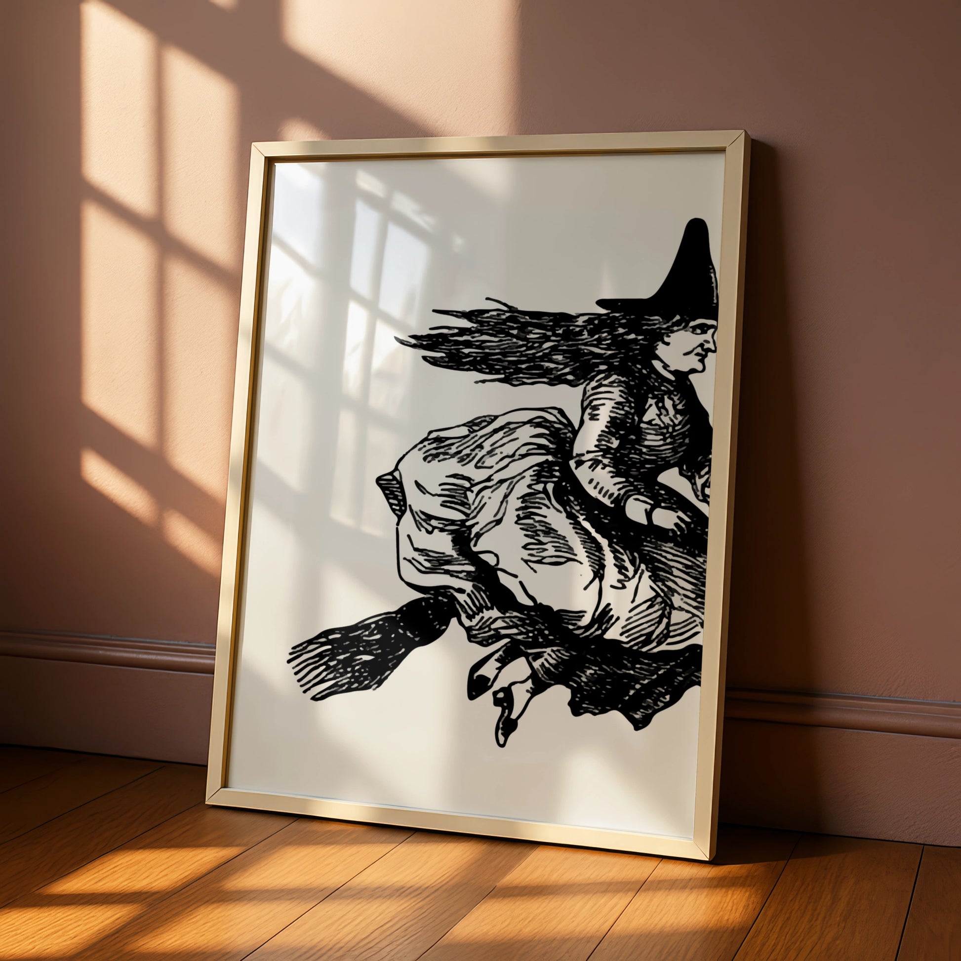 Halloween Witch on Broomstick Poster, Black White Vintage Witch Art Print, Spooky Wall Art