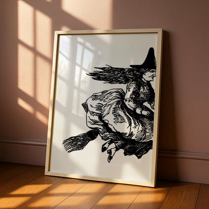 Halloween Witch on Broomstick Poster, Black White Vintage Witch Art Print, Spooky Wall Art