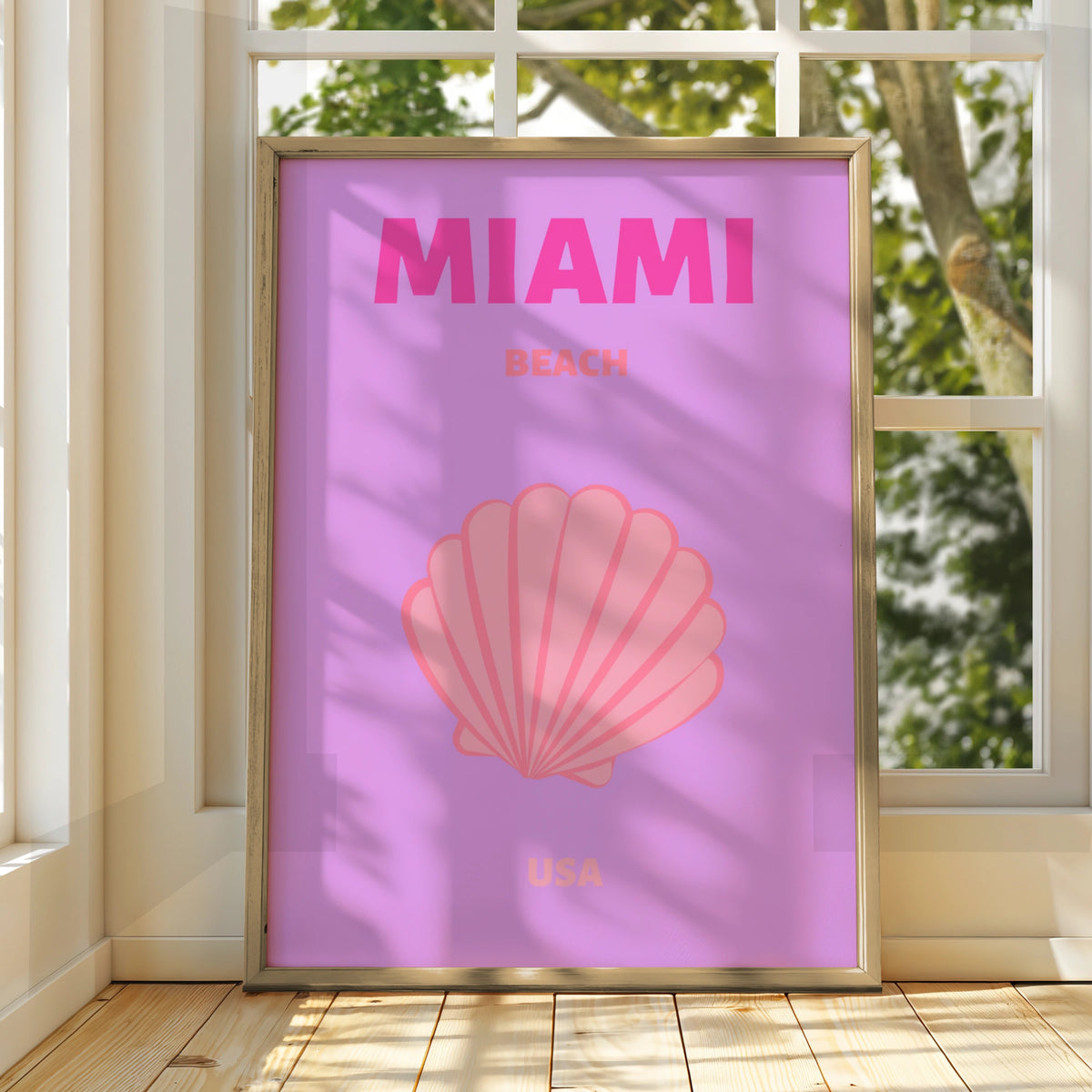 Miami Beach Travel Poster, Florida USA Wall Art, Retro Pink Coastal Print, Seashell