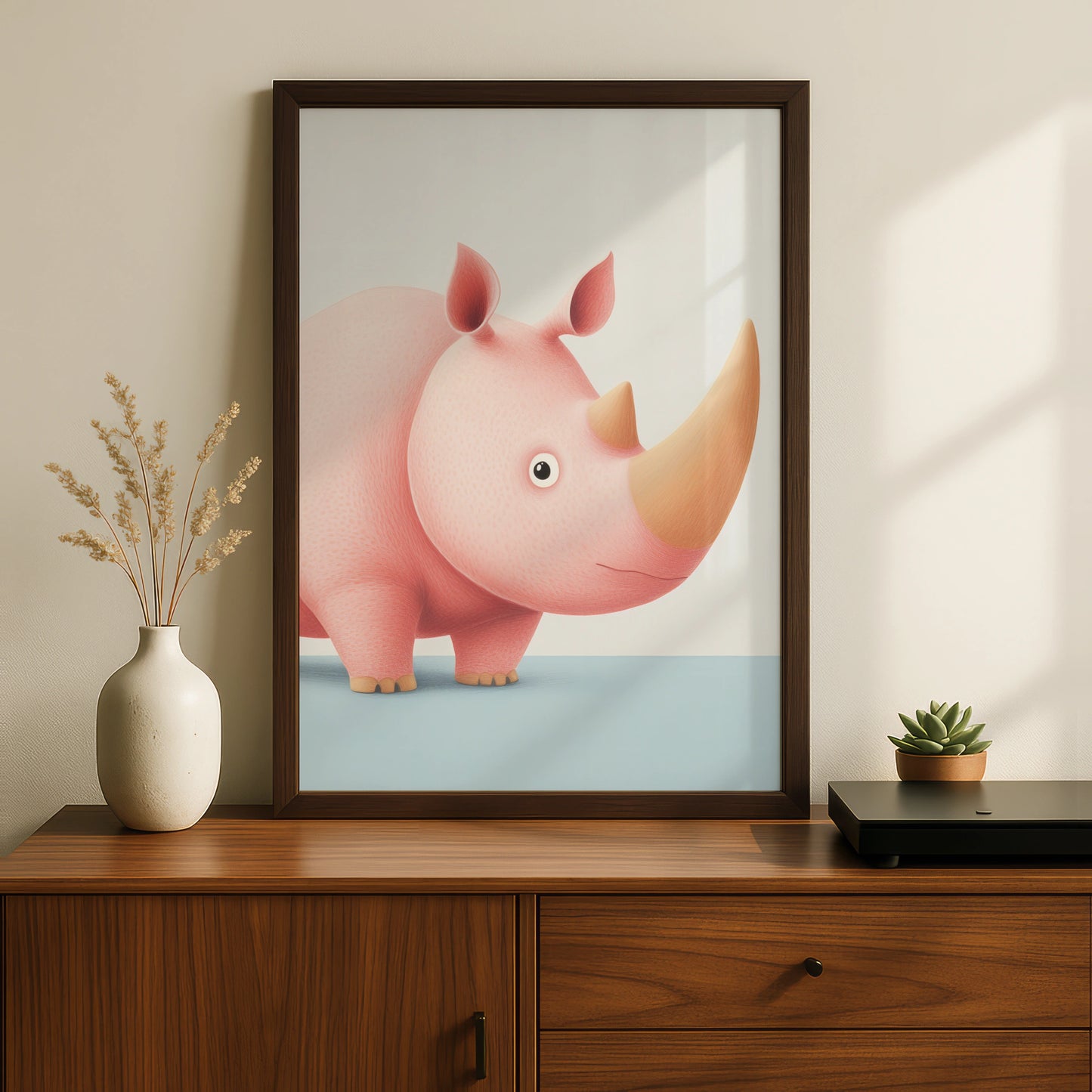 Cute Rhino Nursery Wall Art, Pink Rhinoceros Baby Print, Safari Animal Poster for Kids Room