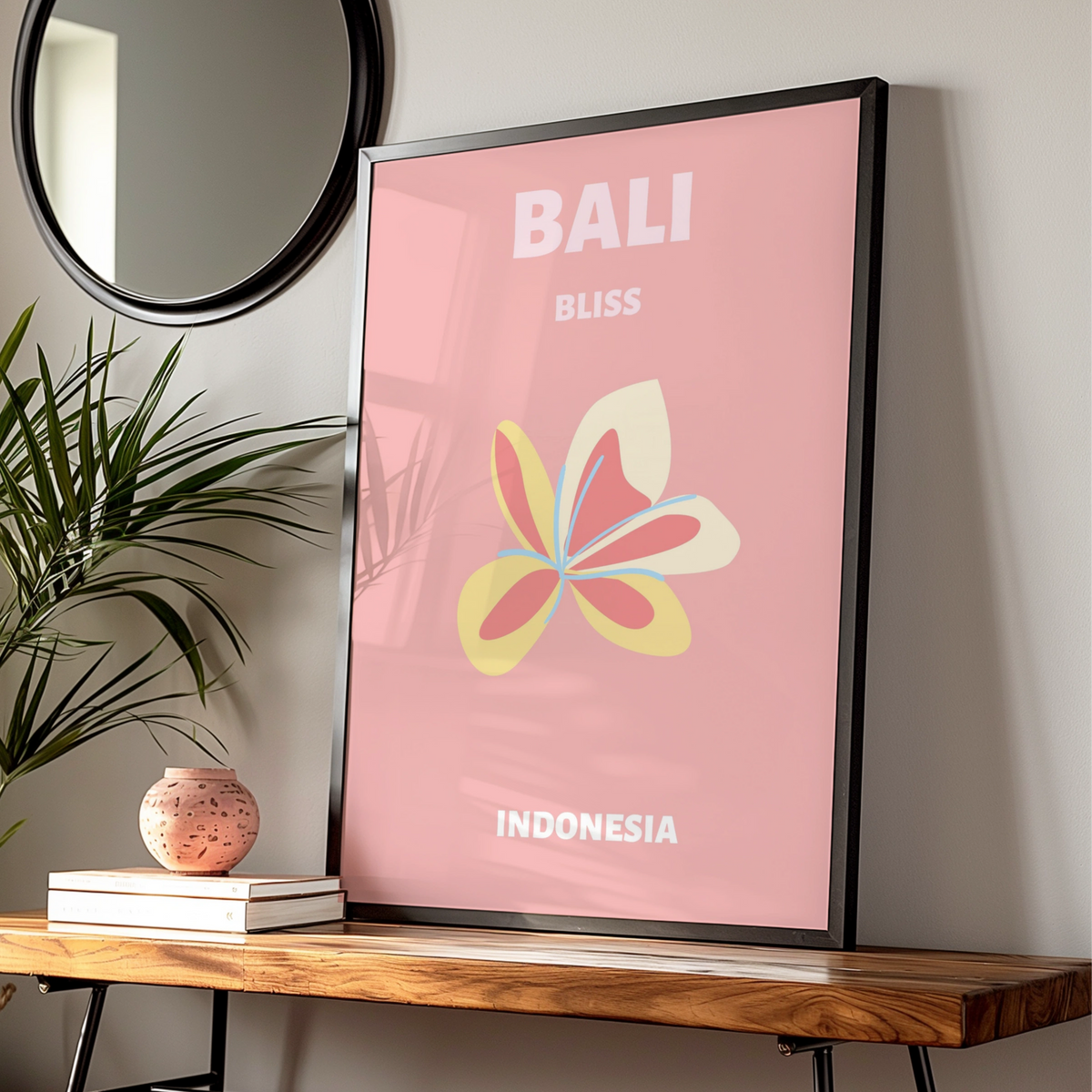 Bali Travel Poster Indonesia Wall Art, Frangipani Floral Print, Retro Tropical Decor