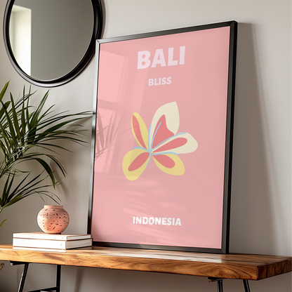 Bali Travel Poster Indonesia Wall Art, Frangipani Floral Print, Retro Tropical Decor