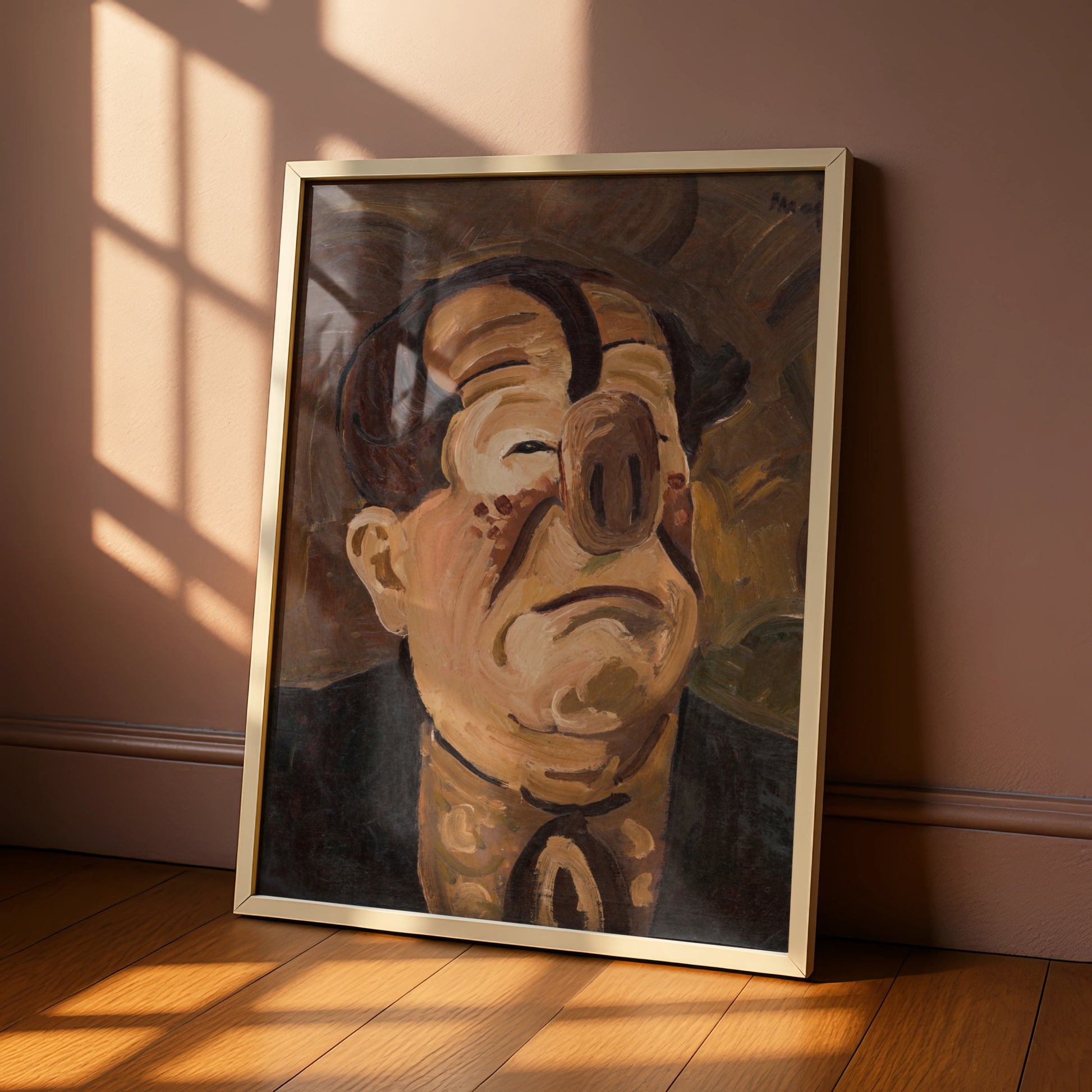 Halloween Cubist Face Poster, Surreal Distorted Portrait Wall Art, Spooky Dark Brown Gallery Print