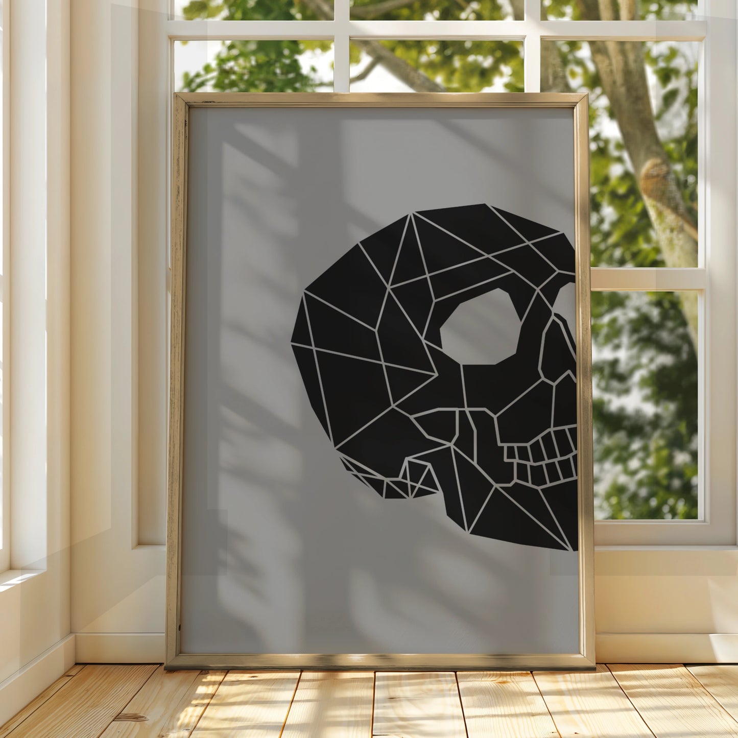 Geometric Skull Halloween Poster, Black Grey Minimalist Skull Wall Art Print
