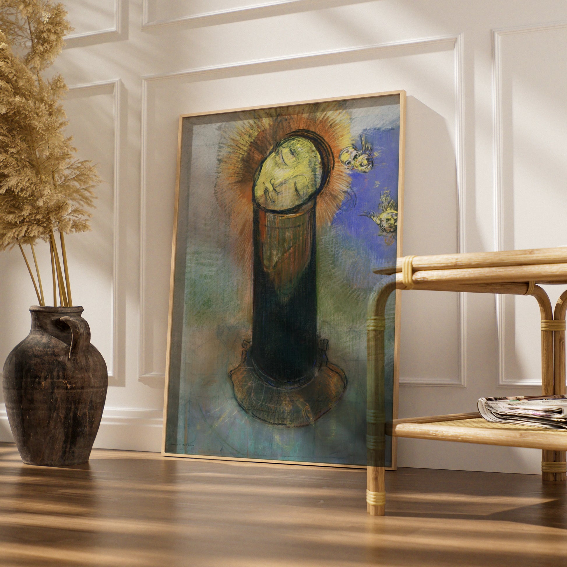 Odilon Redon Halloween Surreal Art Print, Mystical Head Halo Skull Poster Wall