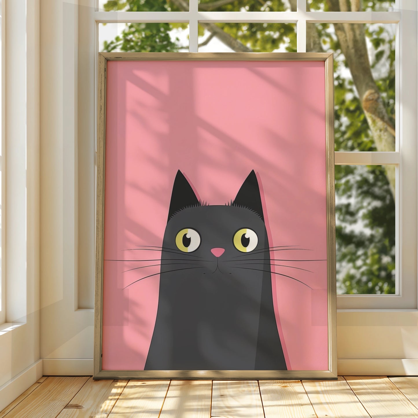 Black Cat Nursery Wall Art, Cute Cat Poster, Pink Kids Room Print, Minimalist Animal