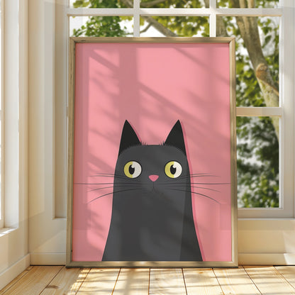 Black Cat Nursery Wall Art, Cute Cat Poster, Pink Kids Room Print, Minimalist Animal