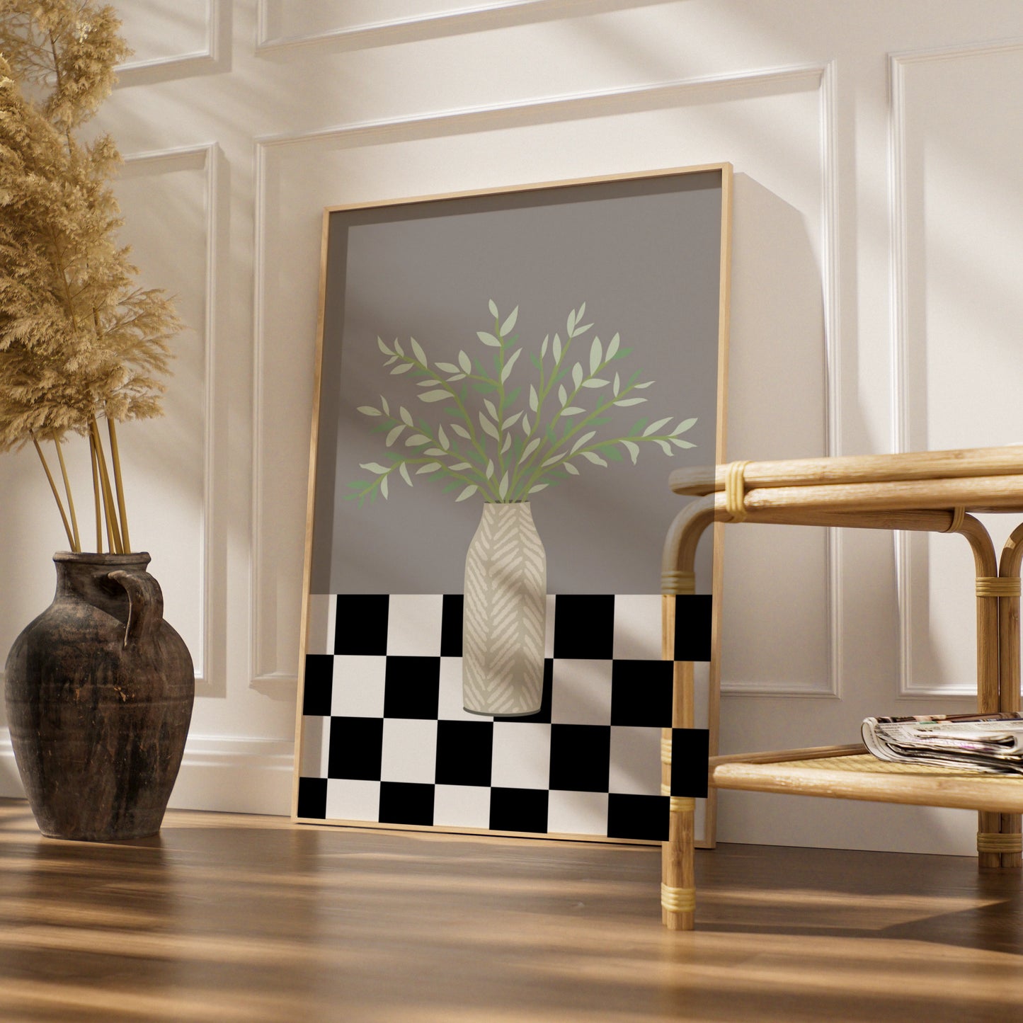 Matisse Style Botanical Vase Poster, Green Leaves Grey Wall Art, Checkerboard Print