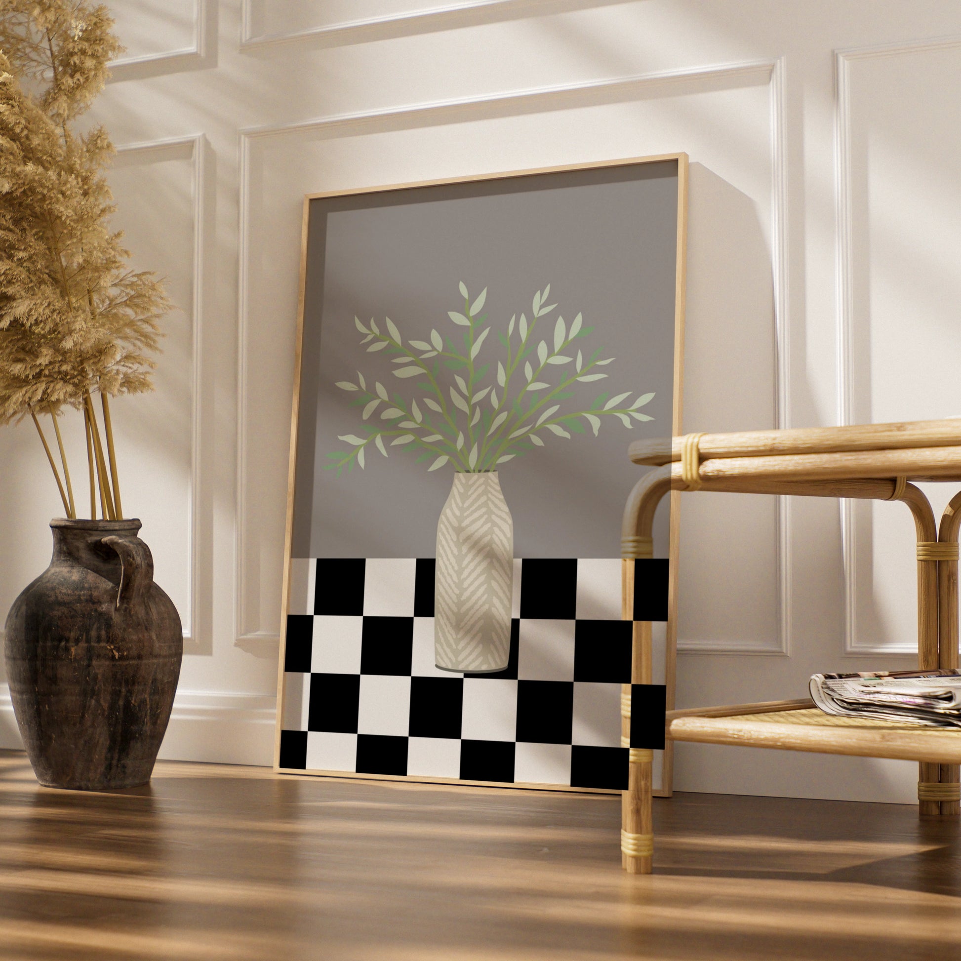 Matisse Style Botanical Vase Poster, Green Leaves Grey Wall Art, Checkerboard Print