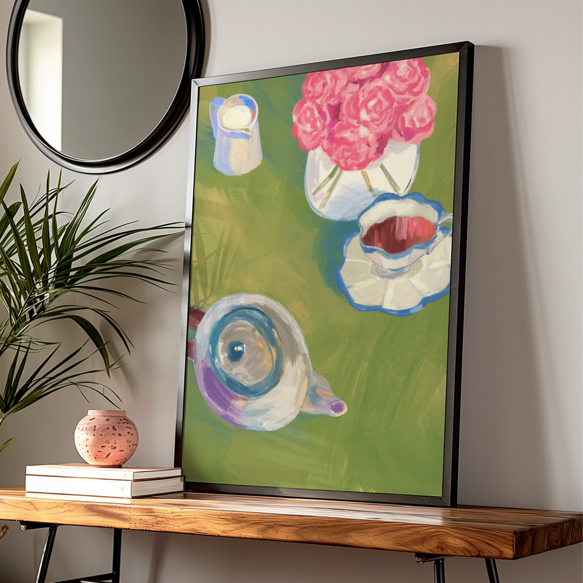 Maximalist Tea Party Poster, Floral Still Life Wall Art, Colourful Teapot Print, Kitchen Decor