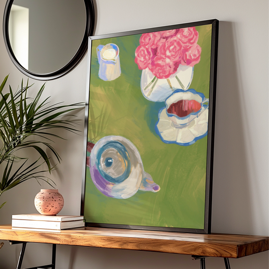 Maximalist Tea Party Poster, Floral Still Life Wall Art, Colourful Teapot Print, Kitchen Decor