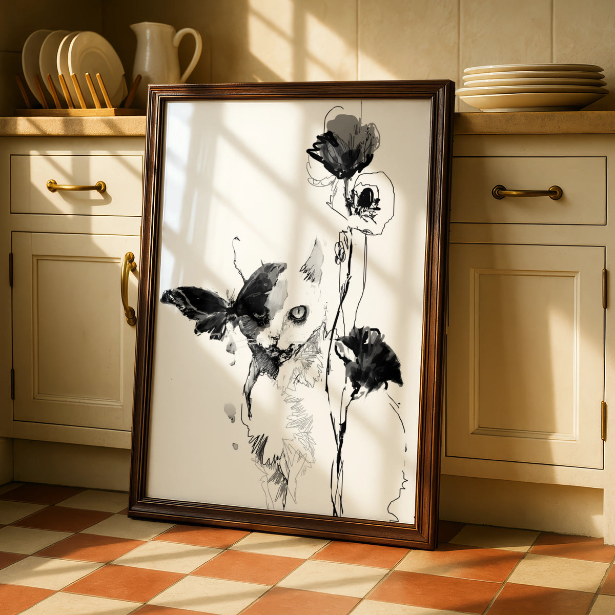 Cat Butterfly Floral Monochrome Wall Art, Black and White Poster, Minimalist Print