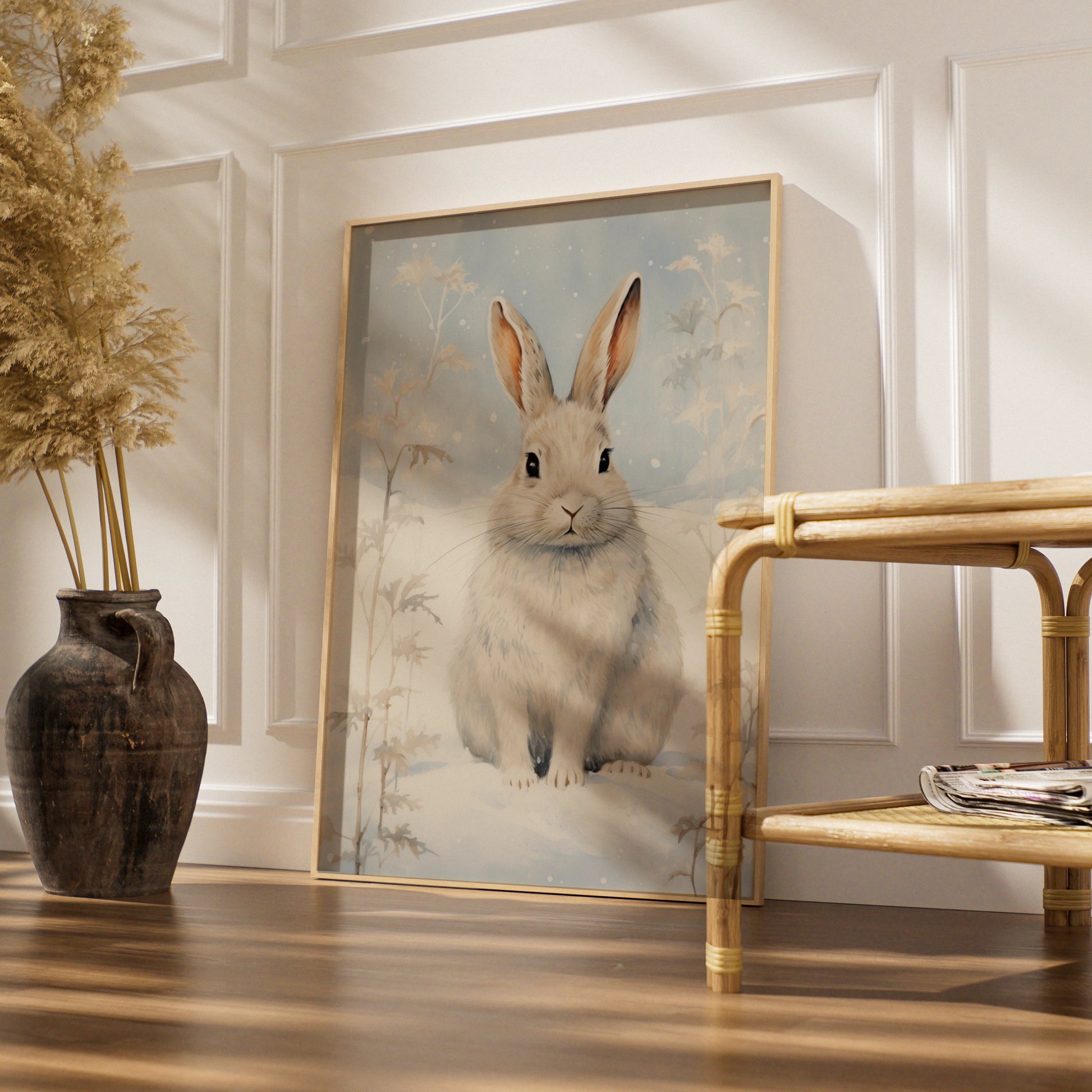 Christmas Rabbit Poster, Winter Snow Bunny Wall Art, Festive Nordic Animal Print, Cosy Holiday Decor