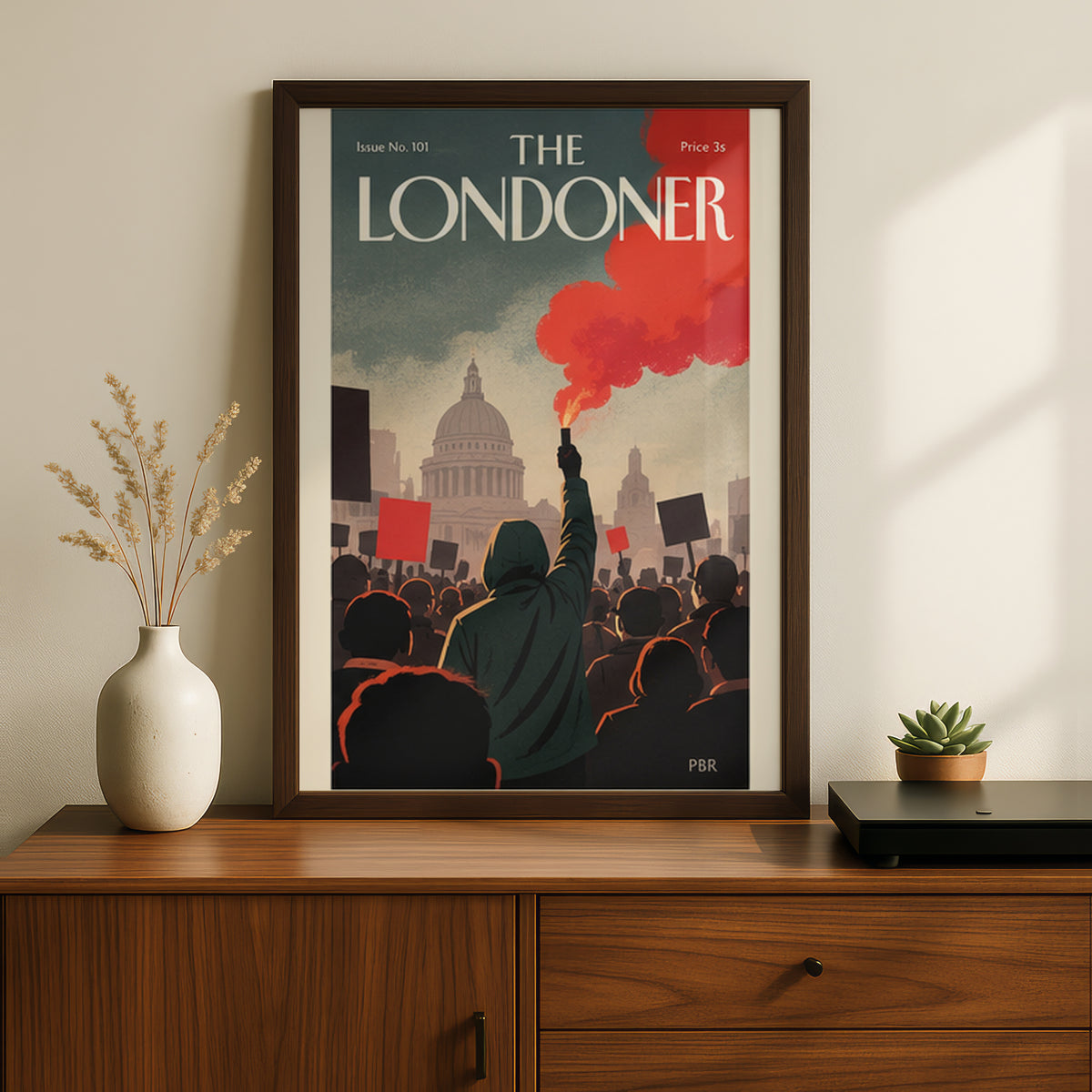 The Londoner Magazine Cover Poster, London Protest Wall Art, Vintage Style Red Smoke Art Print