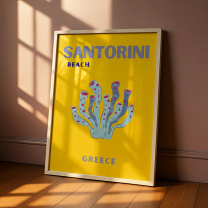 Santorini Beach Greece Travel Poster, Retro Greek Island Wall Art, Unique Coral Print