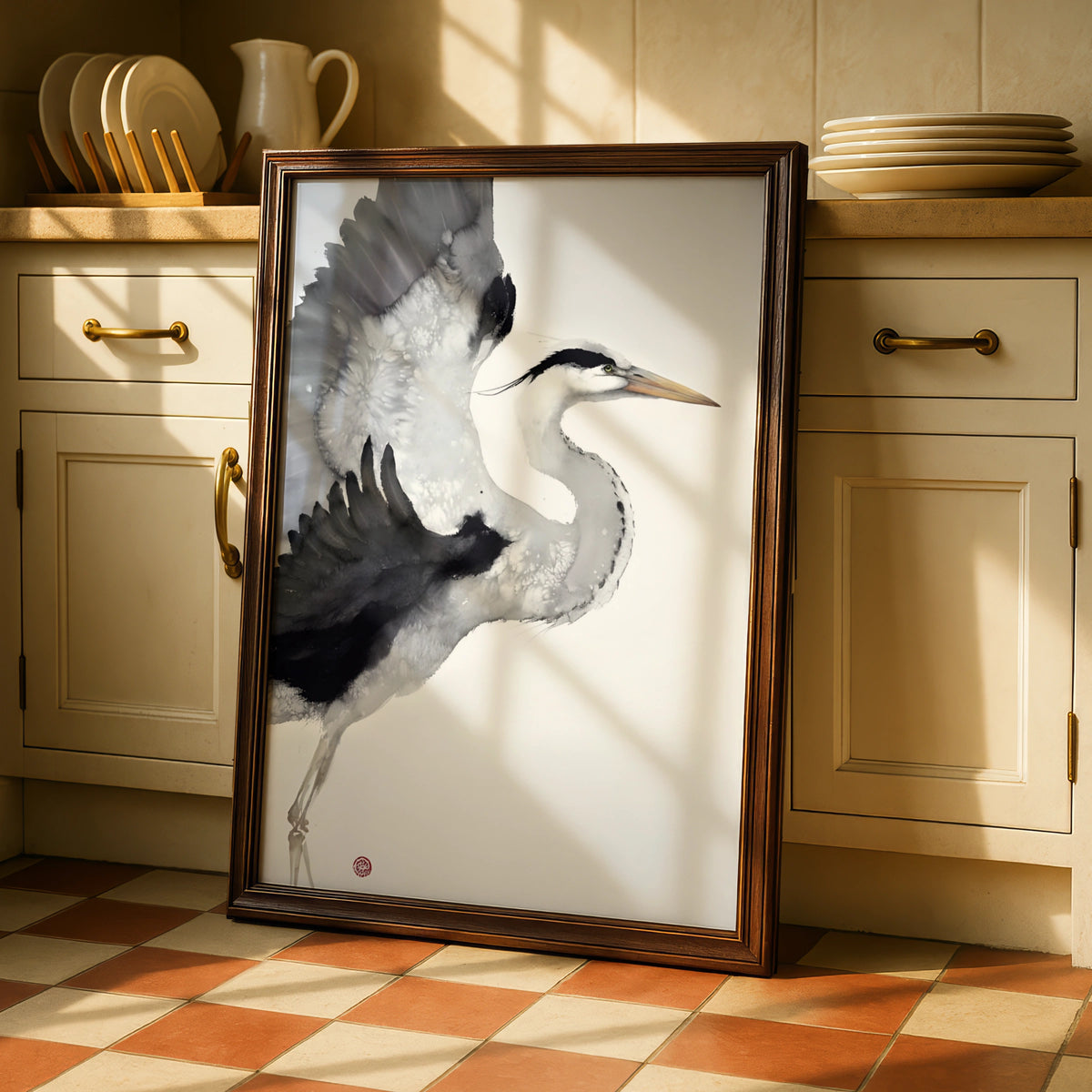 Heron Ink Art Print, Monochrome Wall Art, Black and White Bird Poster, Minimalist Print