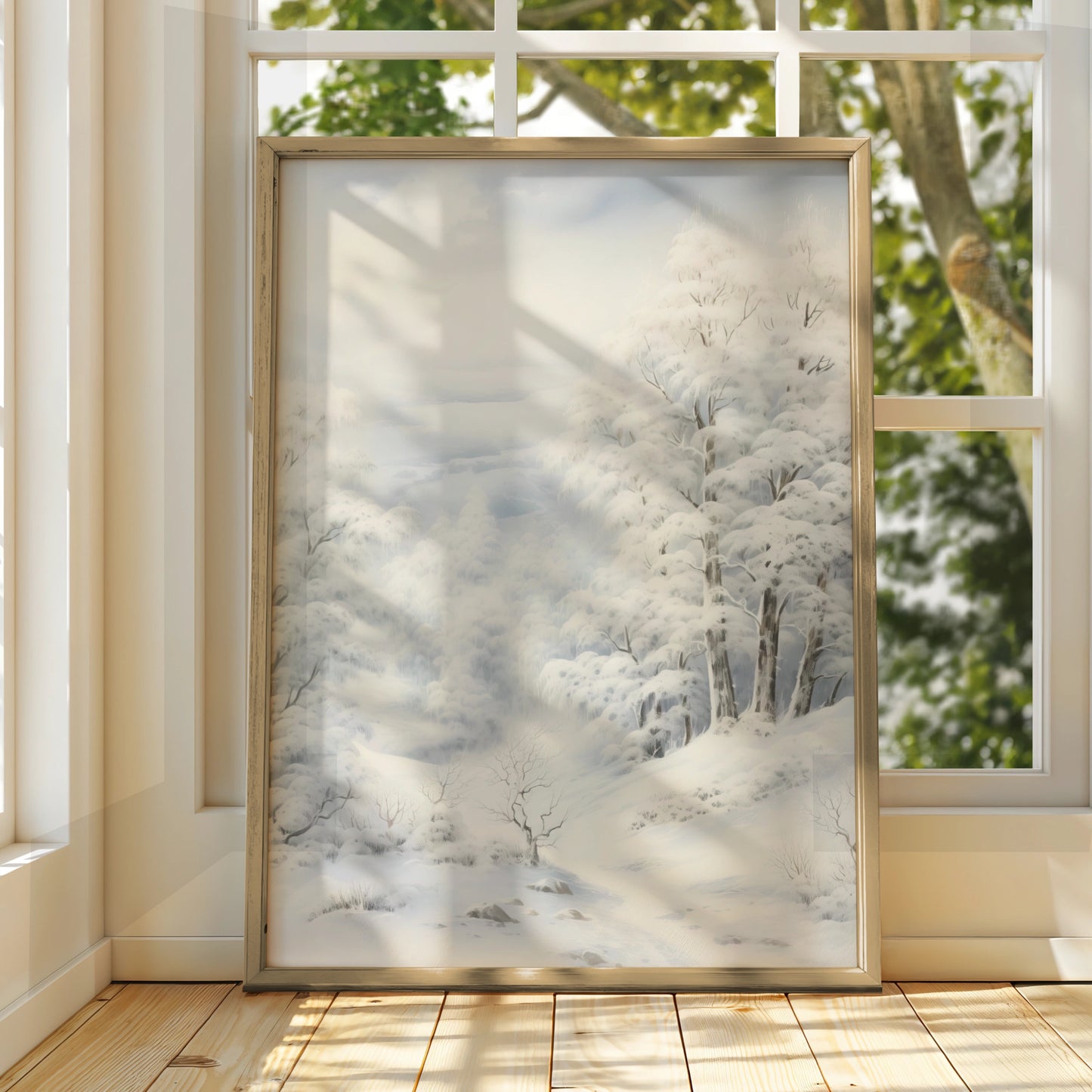 Winter Snow Forest Christmas Poster, Snowy Landscape Wall Art, Serene White Trees Print