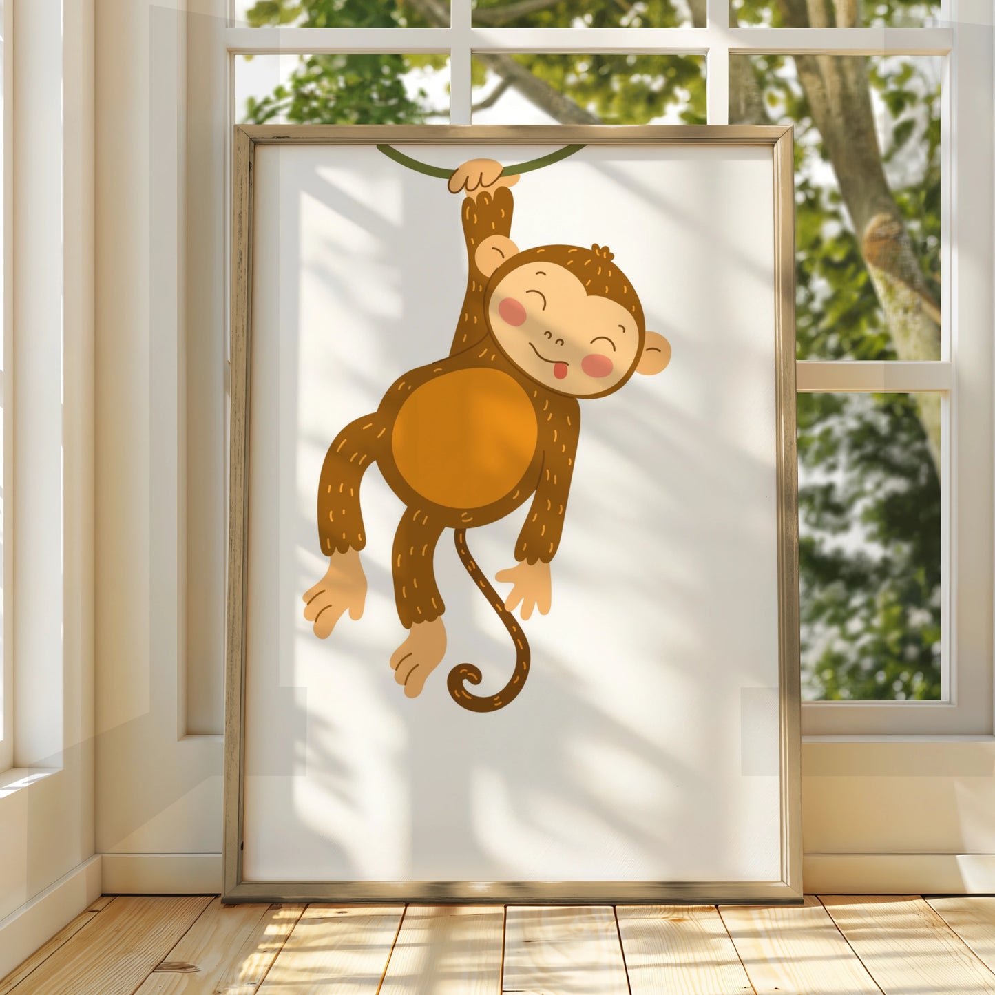 Cute Monkey Nursery Wall Art, Baby Jungle Animal Poster, Kids Room Print Decor