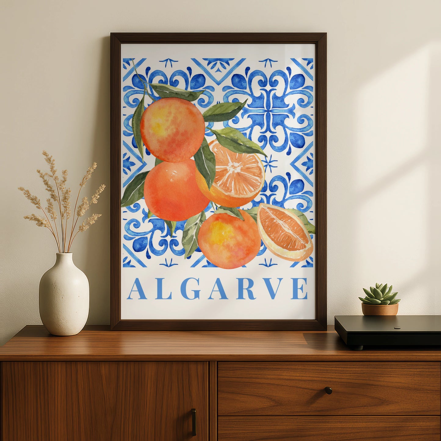 Algarve Orange Maximalist Poster, Portuguese Tile Wall Art, Blue Kitchen Print