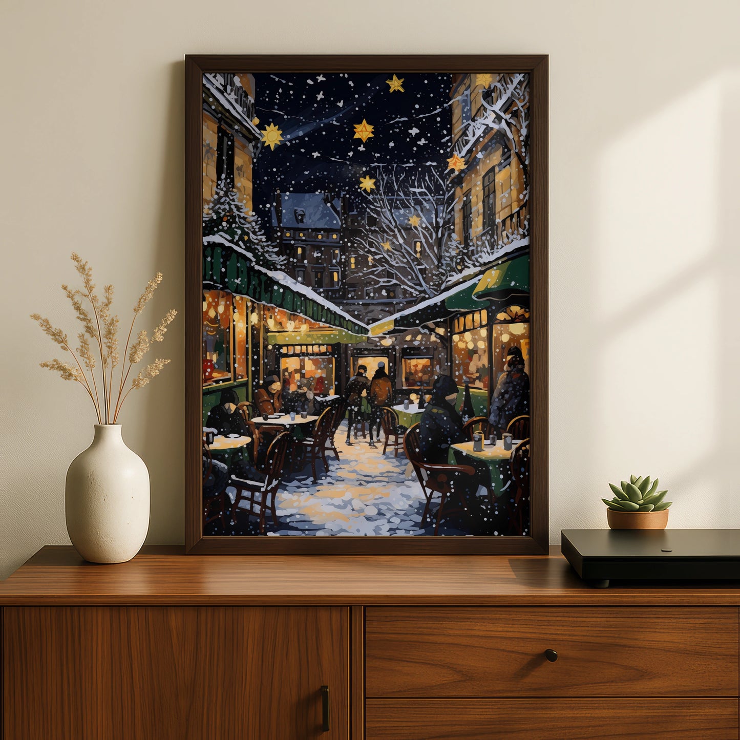 Christmas Market Poster, Snowy Night Street Scene, Festive Star Lights Wall Art Print