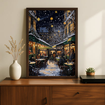 Christmas Market Poster, Snowy Night Street Scene, Festive Star Lights Wall Art Print