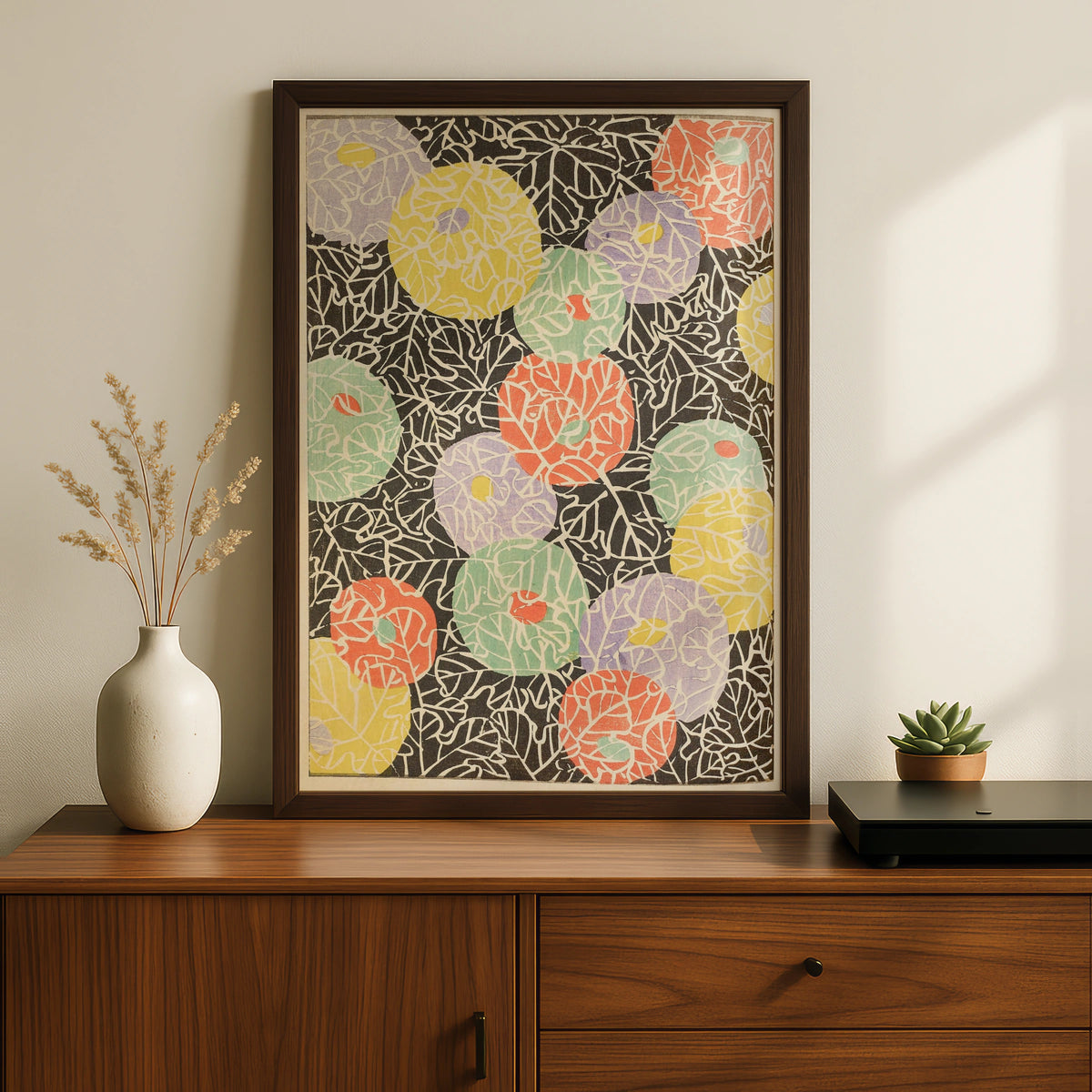 Japanese Botanical Print, Vintage Woodblock Wall Art, Floral Japandi Poster, Colourful Leaf Pattern – A5 Black frame