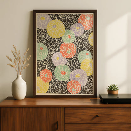 Japanese Botanical Print, Vintage Woodblock Wall Art, Floral Japandi Poster, Colourful Leaf Pattern – A5 Black frame
