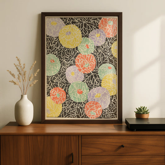 Japanese Botanical Print, Vintage Woodblock Wall Art, Floral Japandi Poster, Colourful Leaf Pattern – A5 Black frame