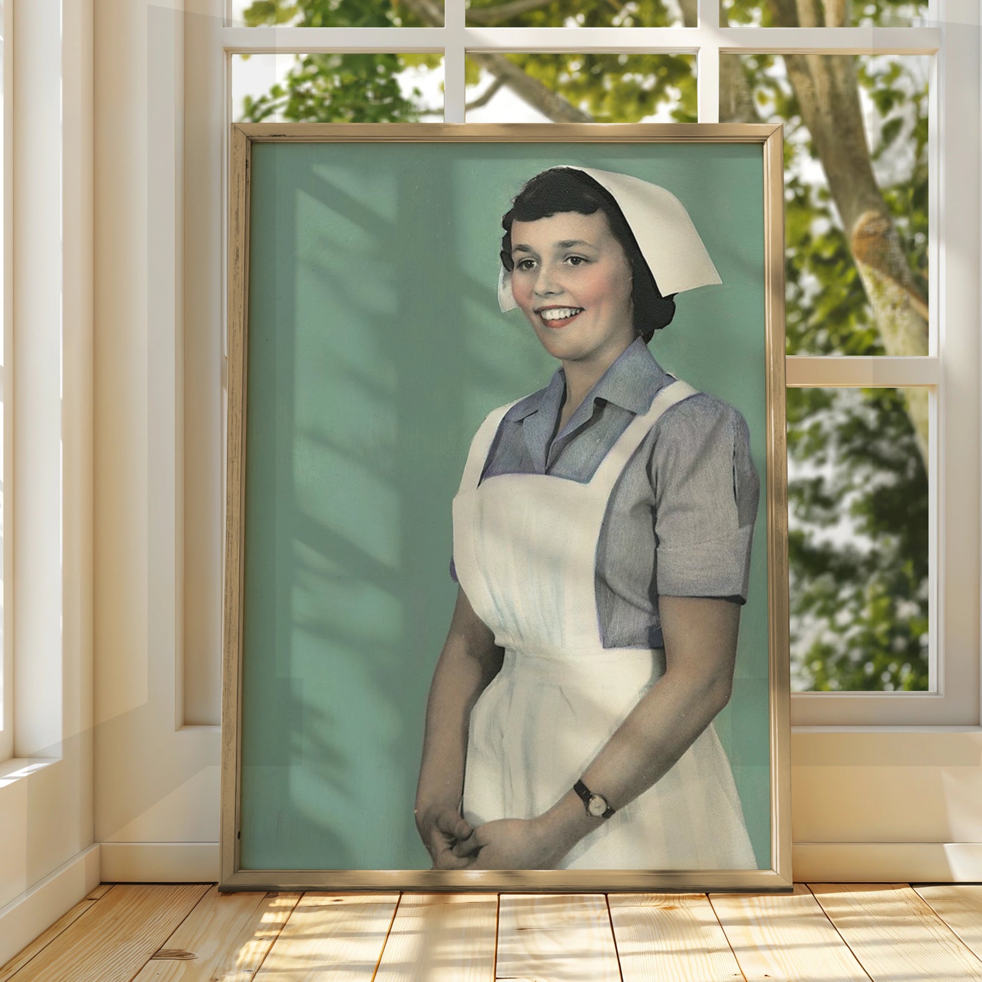 Vintage Nurse Portrait Poster, Retro Halloween Costume Wall Art, 1950s Teal Print