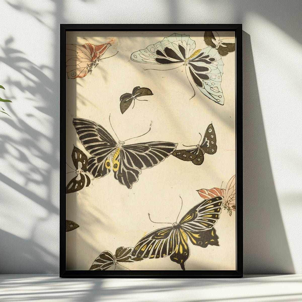 Japanese Butterfly Woodblock Wall Art, Vintage Bijutsukai 1901 Japandi Poster Print – A4 Black frame