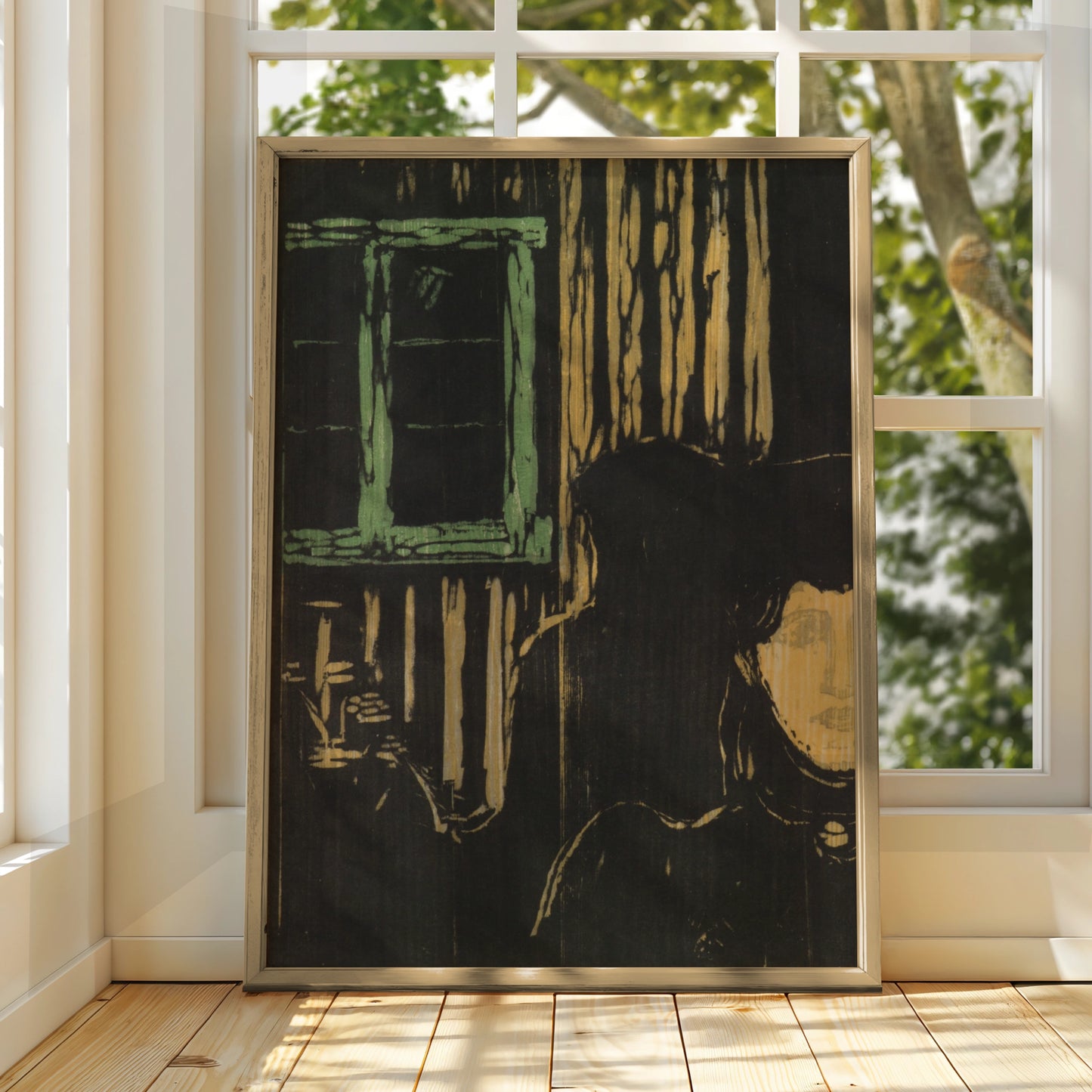 Halloween Gothic Figure Candlelight Art Print, Dark Moody Wall Poster, Woodcut Style