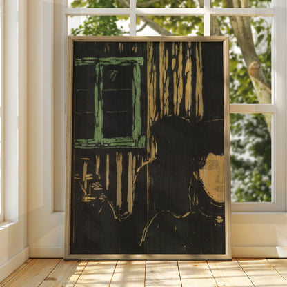 Halloween Gothic Figure Candlelight Art Print, Dark Moody Wall Poster, Woodcut Style