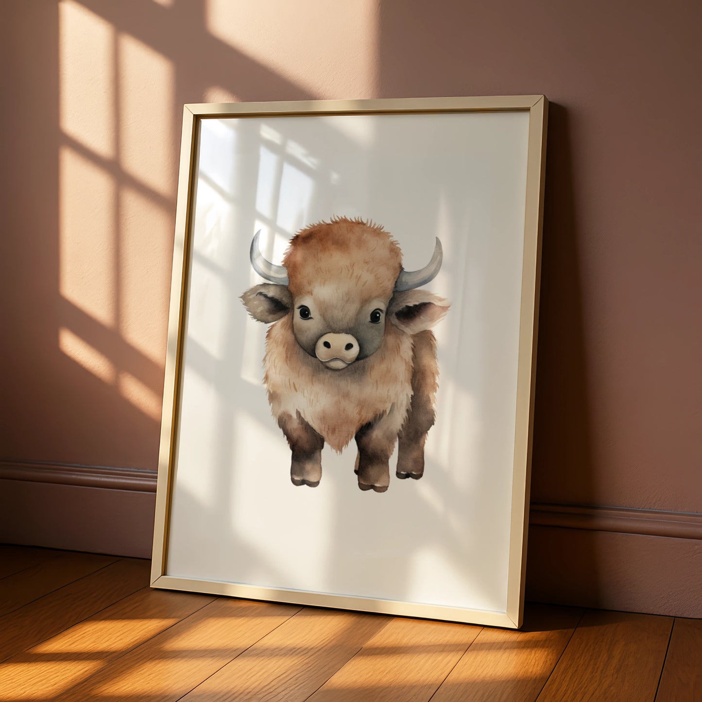 Baby Bison Nursery Wall Art, Watercolour Buffalo Print, Kids Room Animal Poster