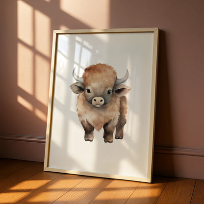 Baby Bison Nursery Wall Art, Watercolour Buffalo Print, Kids Room Animal Poster