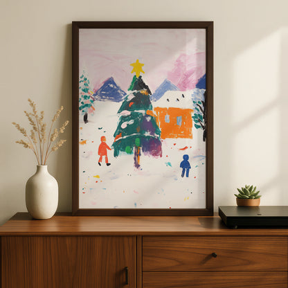 Christmas Tree Village Poster, Colourful Winter Scene, Festive Wall Art, Xmas Holiday Print