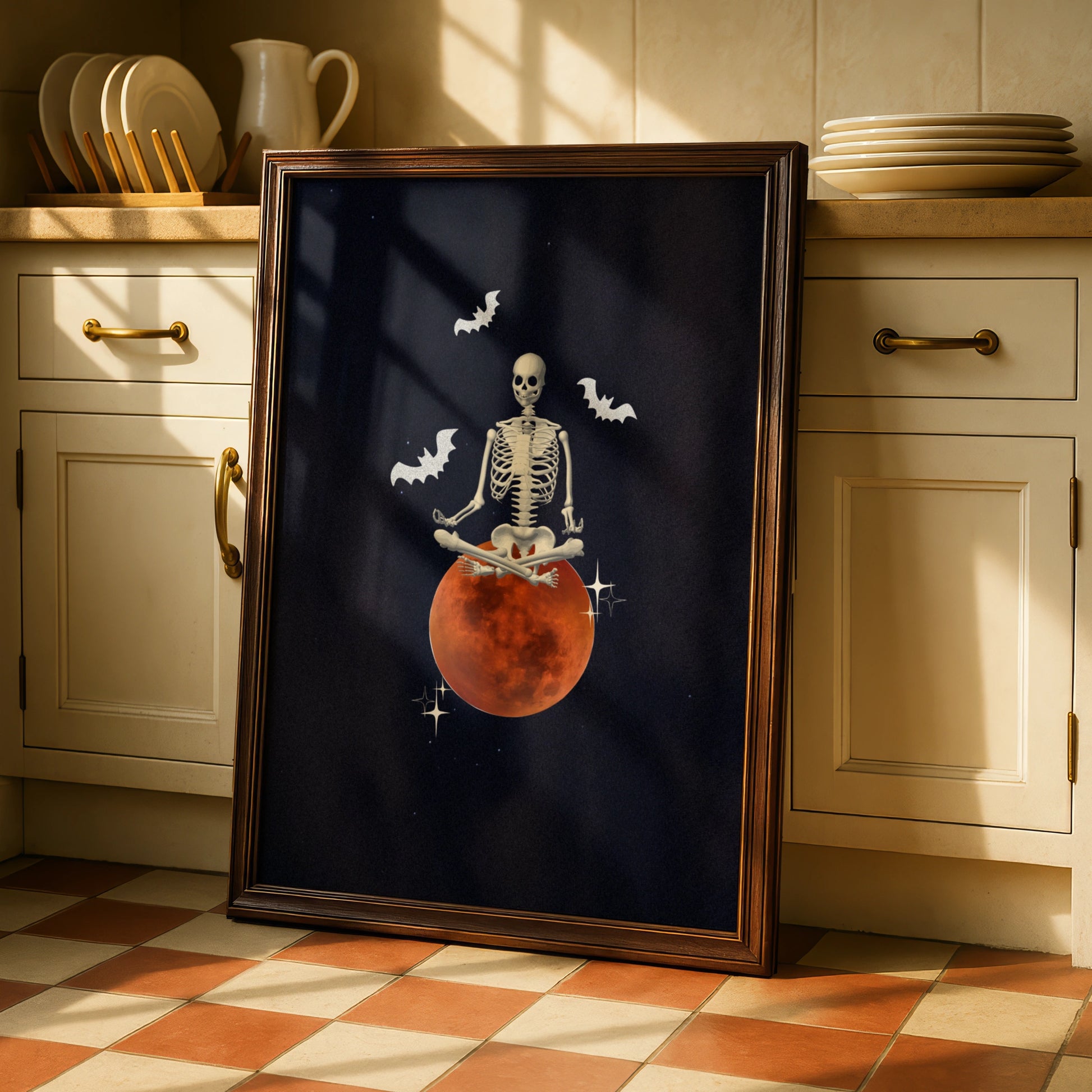 Halloween Skeleton Meditation Poster, Blood Moon Bat Wall Art, Spooky Gothic Print