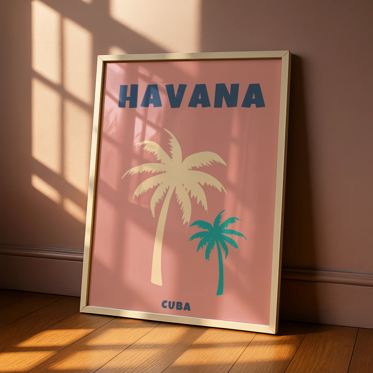 Havana Cuba Travel Poster, Retro Palm Tree Wall Art, Tropical Print, Pink Teal
