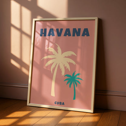 Havana Cuba Travel Poster, Retro Palm Tree Wall Art, Tropical Print, Pink Teal