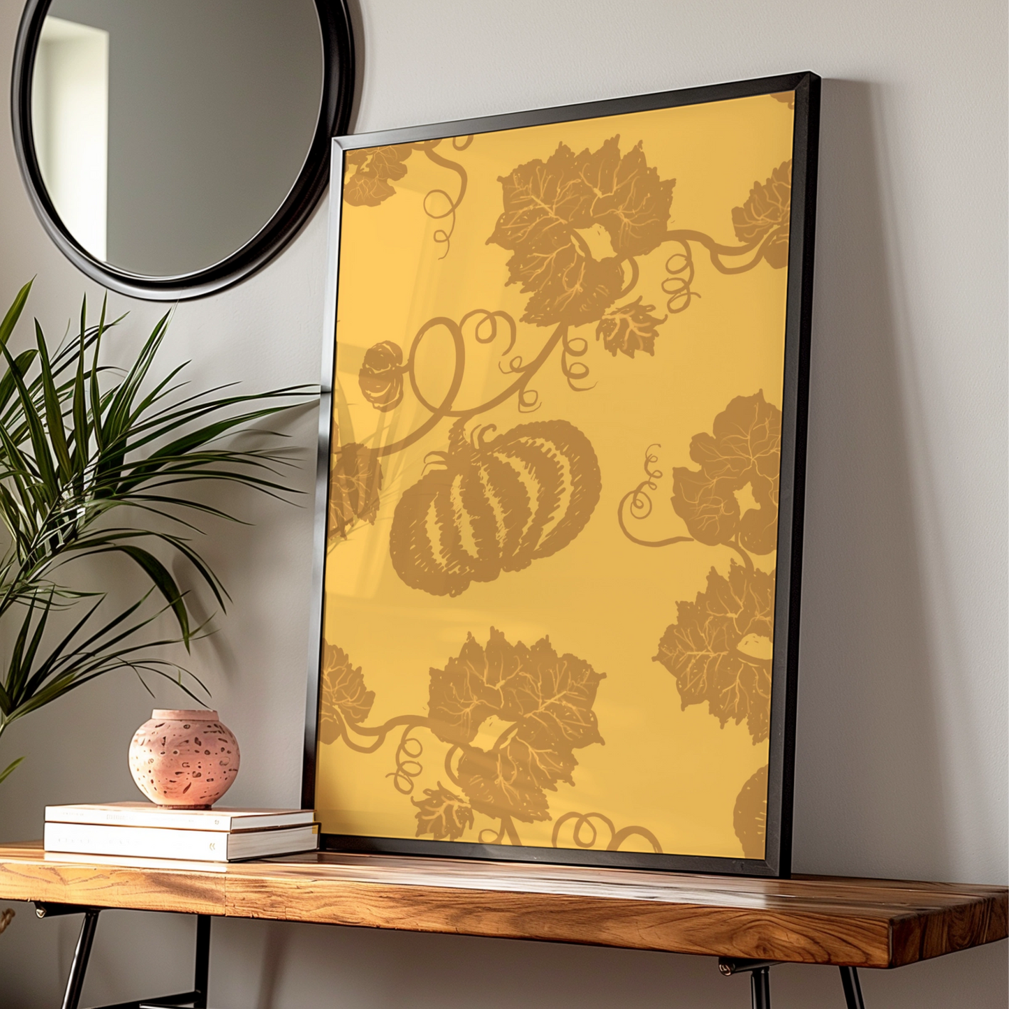 Halloween Pumpkin Vine Wall Art, Autumn Botanical Poster, Gold Orange Fall Decor Print