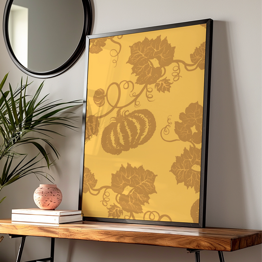 Halloween Pumpkin Vine Wall Art, Autumn Botanical Poster, Gold Orange Fall Decor Print