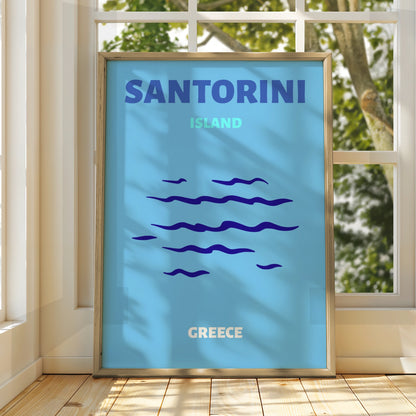 Santorini Island Greece Travel Poster, Greek Islands Wall Art, Retro Blue Print