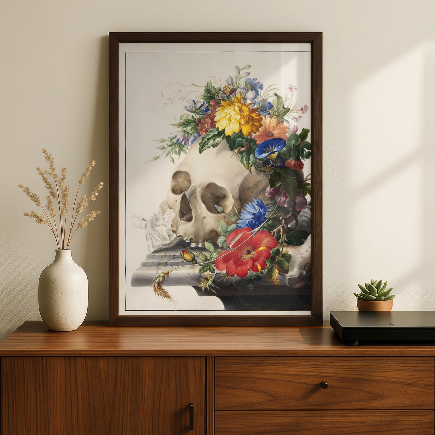 Halloween Skull Floral Poster, Vanitas Wall Art, Gothic Botanical Print, Dark Academia Decor