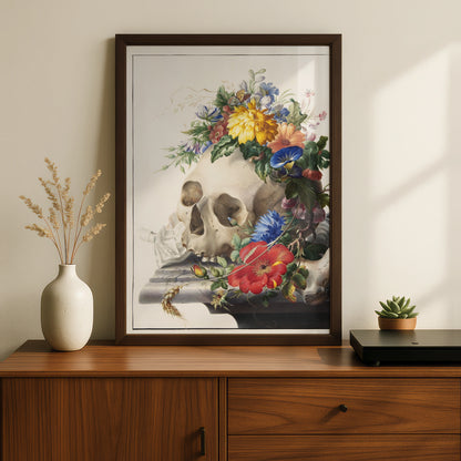 Halloween Skull Floral Poster, Vanitas Wall Art, Gothic Botanical Print, Dark Academia Decor