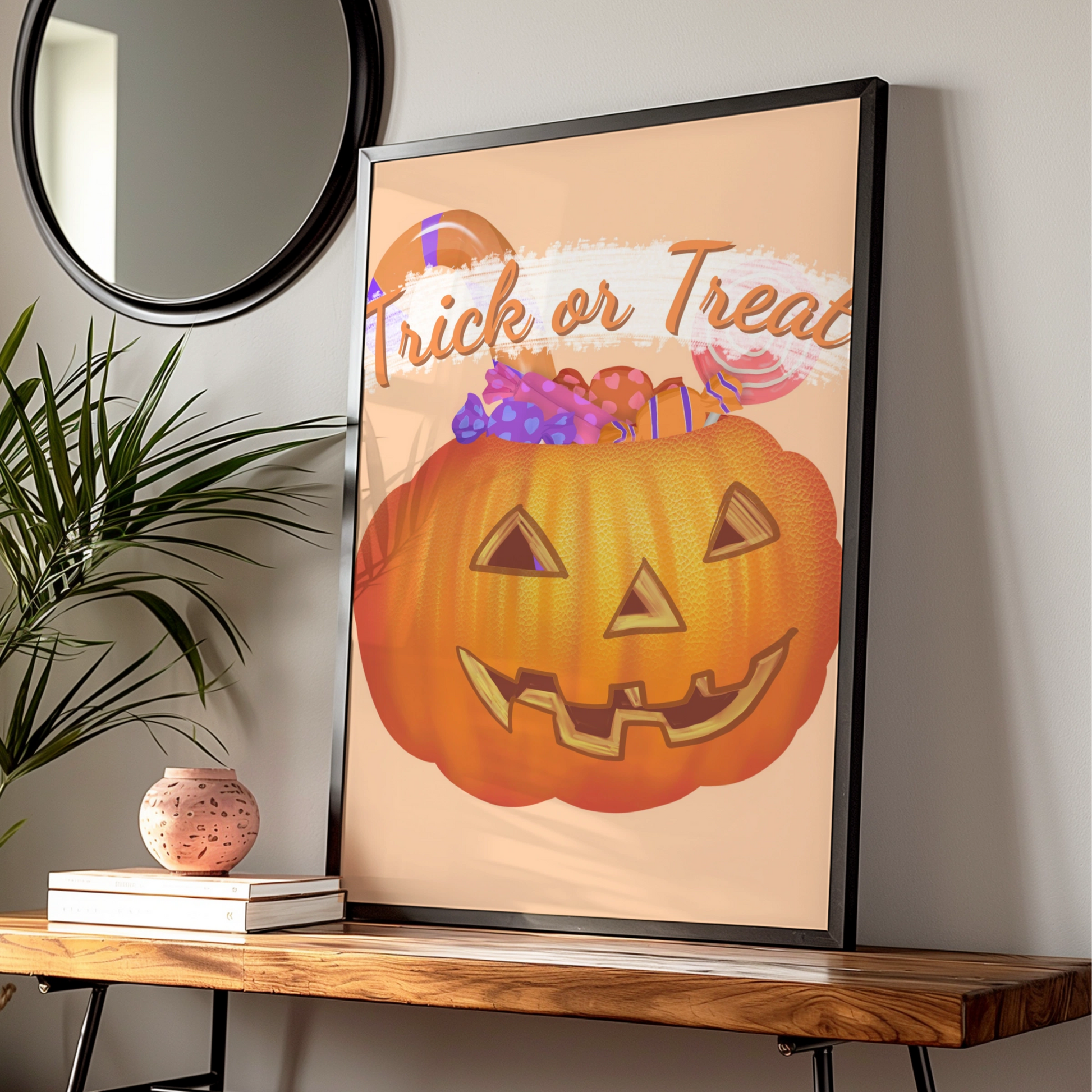 Trick or Treat Halloween Poster, Jack-o-Lantern Candy Print, Pumpkin Wall Art