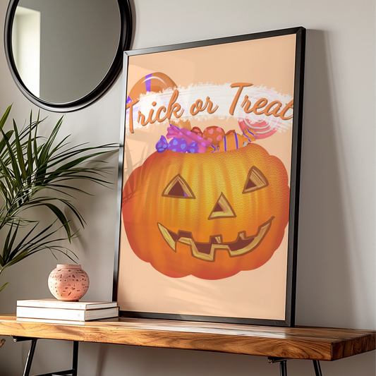 Trick or Treat Halloween Poster, Jack-o-Lantern Candy Print, Pumpkin Wall Art